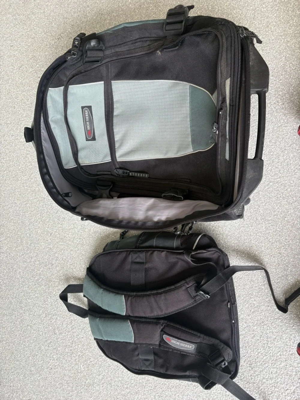 High Sierra Green Rolling Backpack/converts into carry on and regular backpack